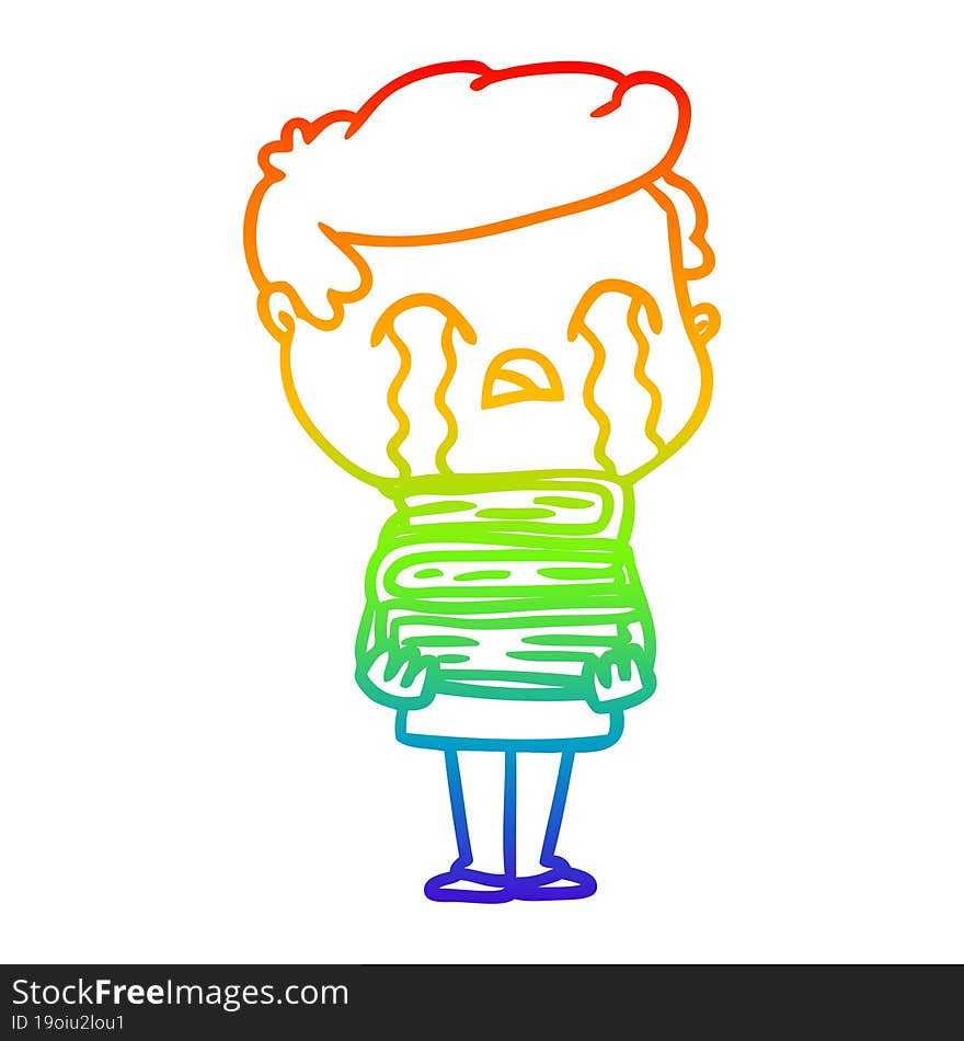 rainbow gradient line drawing cartoon man crying over stack of books