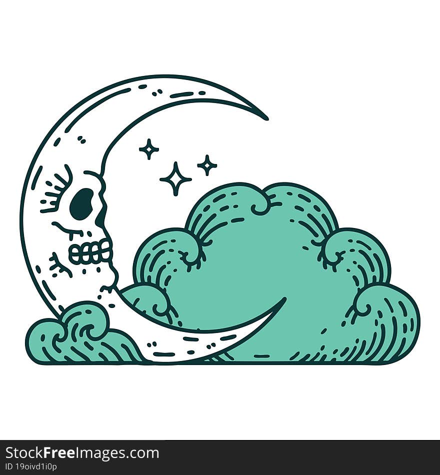 tattoo style icon of a skull crescent moon and clouds