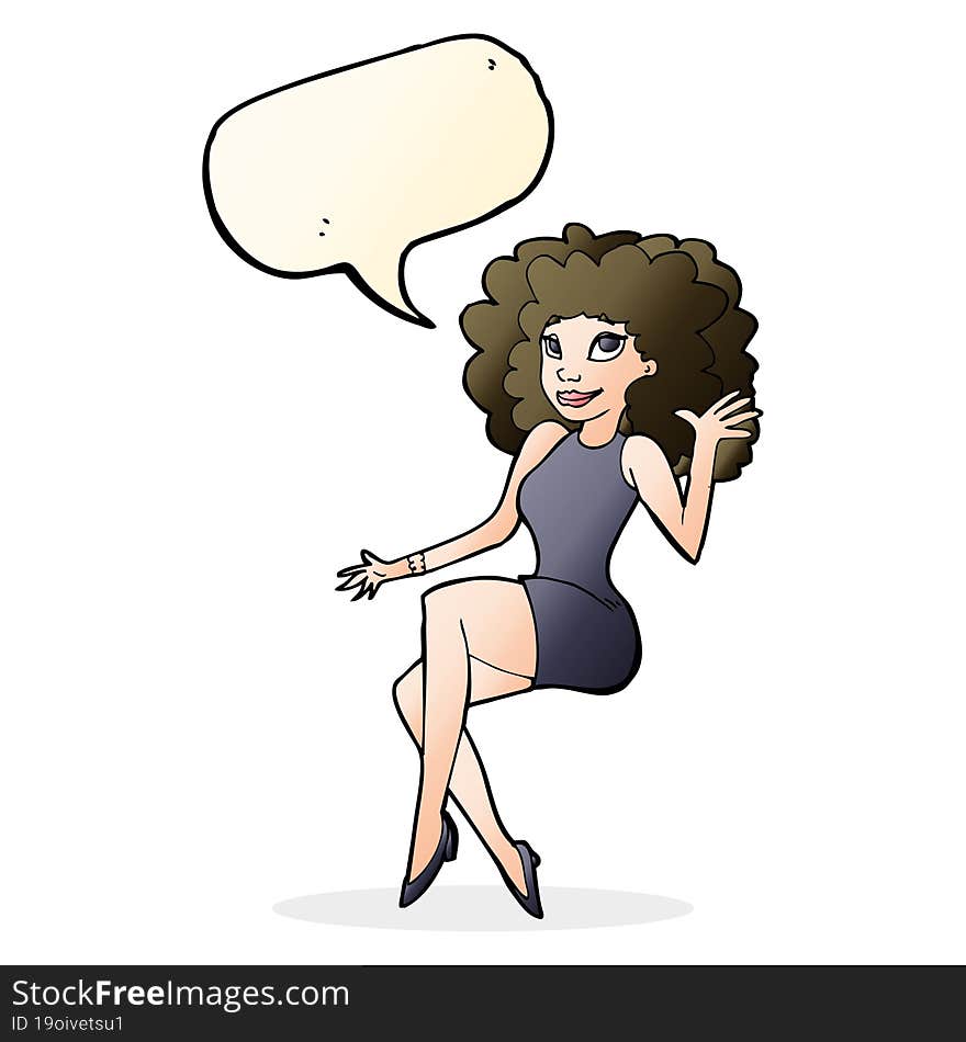 Cartoon Sitting Woman Waving With Speech Bubble