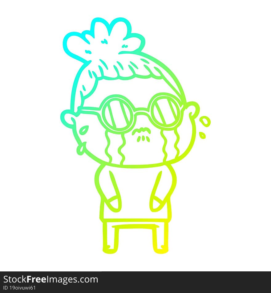 cold gradient line drawing cartoon crying woman wearing spectacles