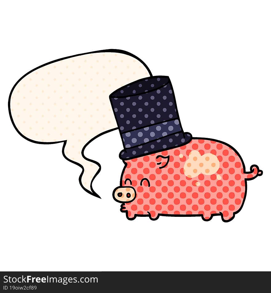 cartoon pig wearing top hat and speech bubble in comic book style