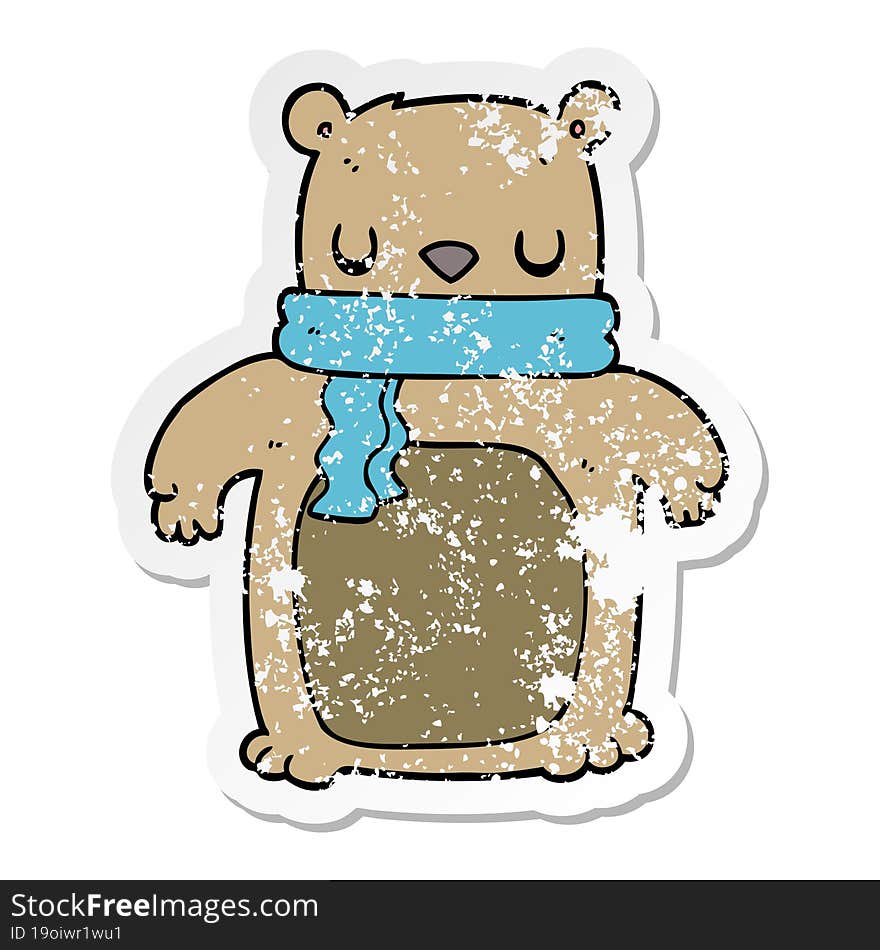 distressed sticker of a cartoon bear with scarf