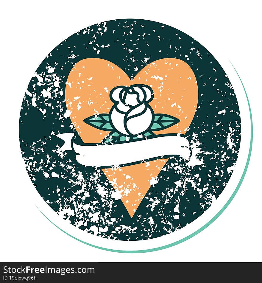 Distressed Sticker Tattoo Style Icon Of A Heart Rose And Banner