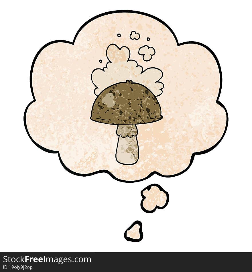 Cartoon Mushroom With Spore Cloud And Thought Bubble In Grunge Texture Pattern Style