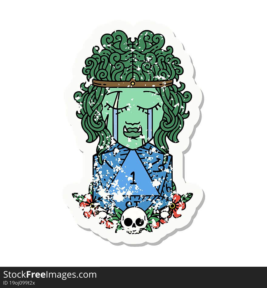 grunge sticker of a sad orc barbarian character face with natural one d20 roll. grunge sticker of a sad orc barbarian character face with natural one d20 roll