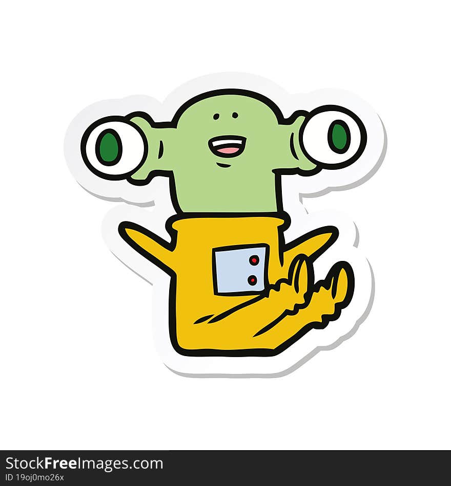 sticker of a friendly cartoon alien sitting down