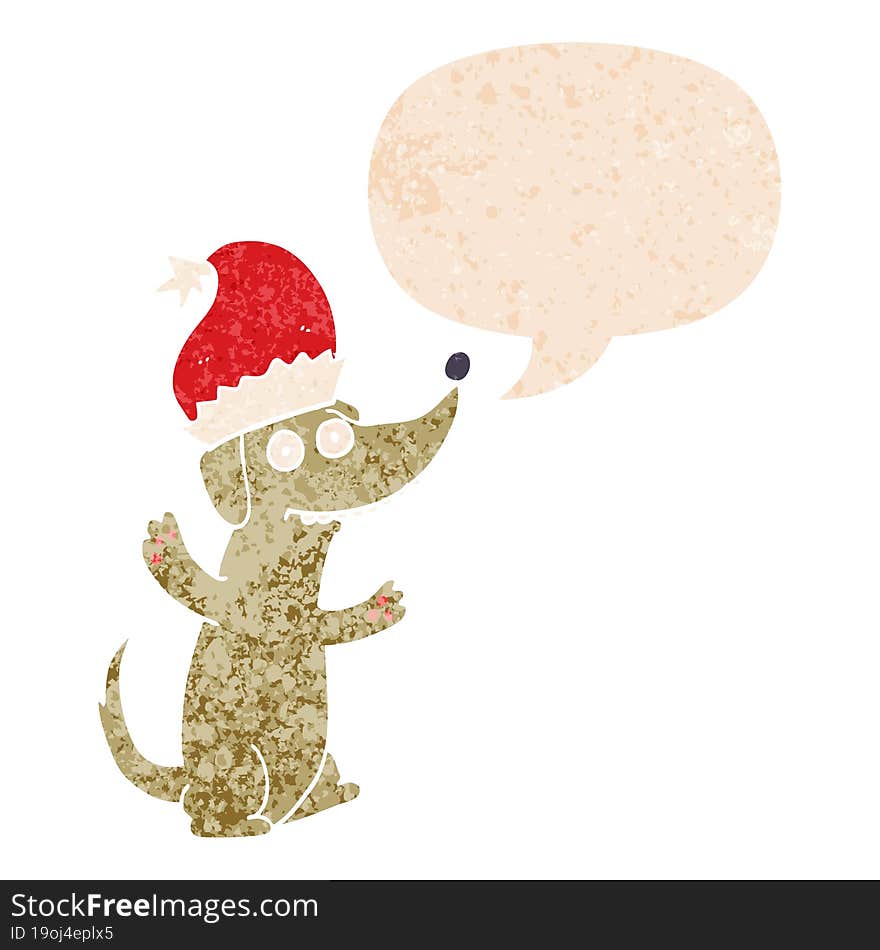 cute christmas cartoon dog and speech bubble in retro textured style