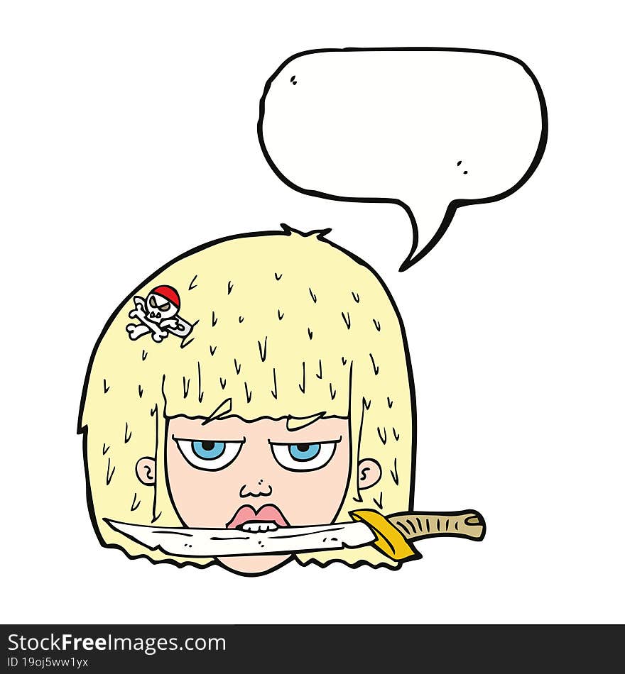 cartoon woman holding knife between teeth with speech bubble