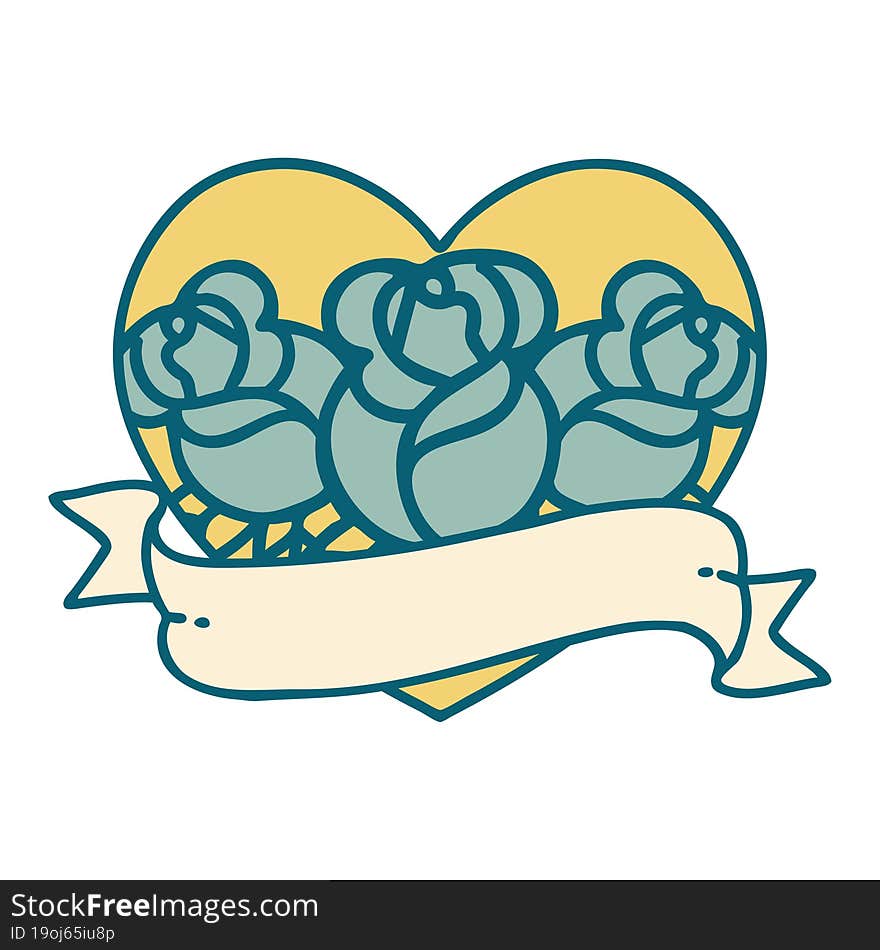 Tattoo Style Icon Of A Heart And Banner With Flowers