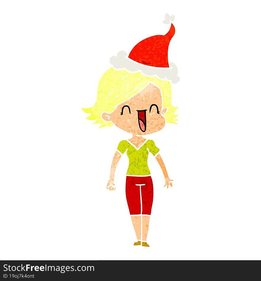 retro cartoon of a happy woman wearing santa hat