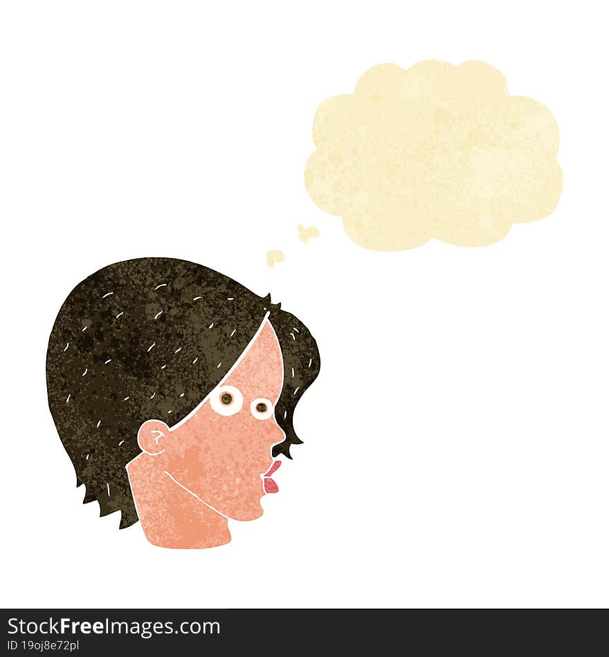 cartoon female face with thought bubble