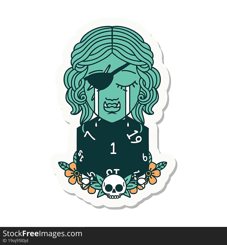 crying half orc rogue character with natural one D20 roll sticker