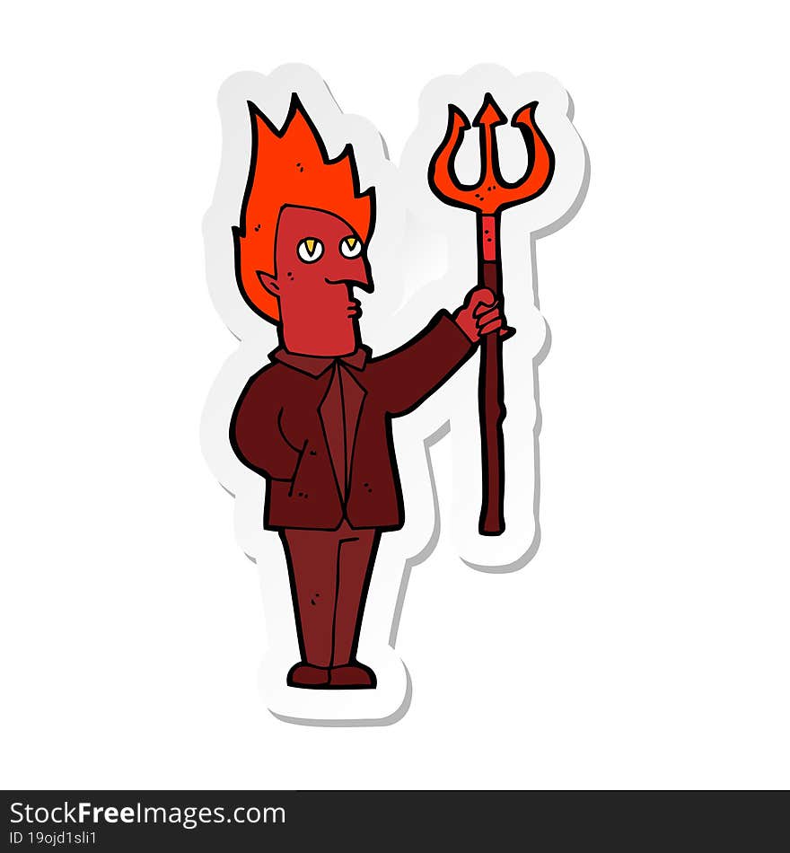 Sticker Of A Cartoon Devil With Pitchfork