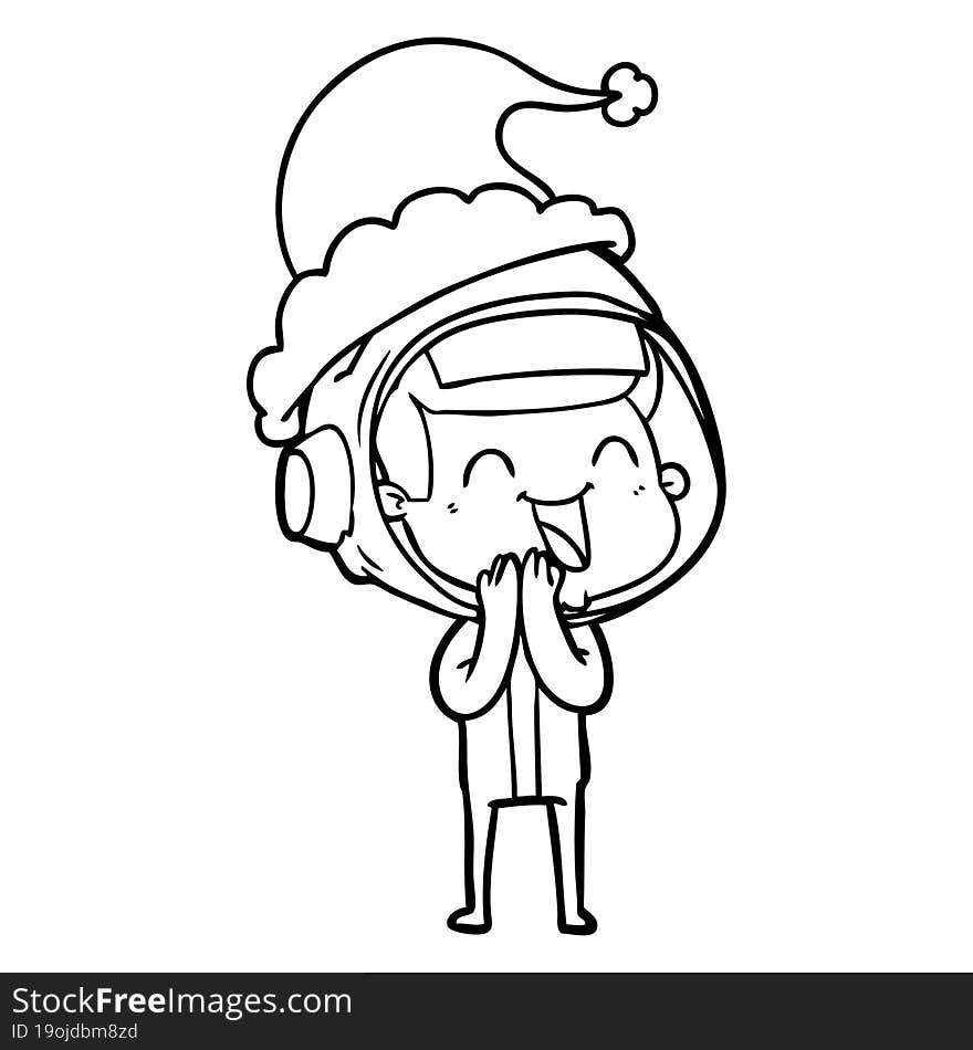 happy line drawing of a astronaut wearing santa hat