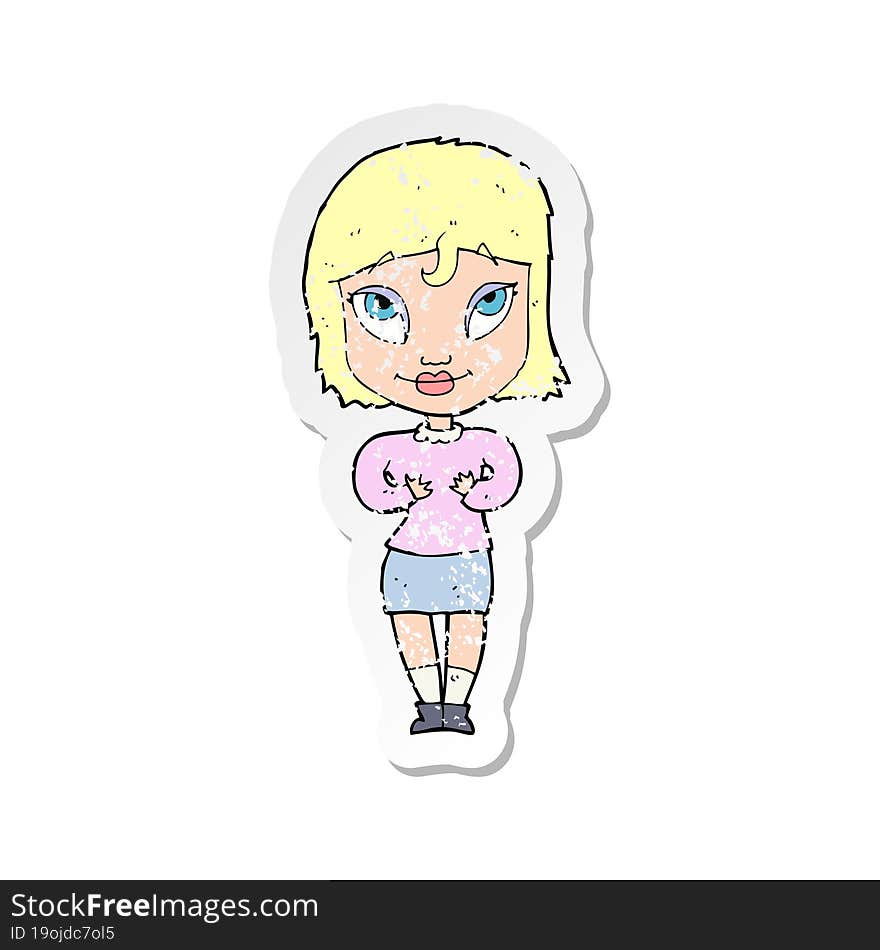 retro distressed sticker of a cartoon woman gesturing at self