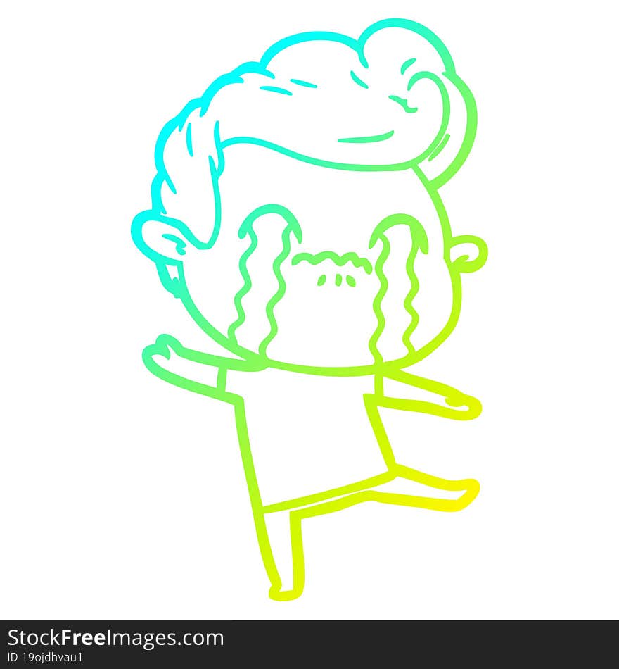 cold gradient line drawing of a cartoon man crying