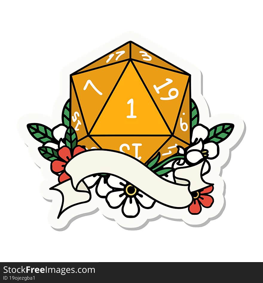 sticker of a natural one d20 dice roll. sticker of a natural one d20 dice roll