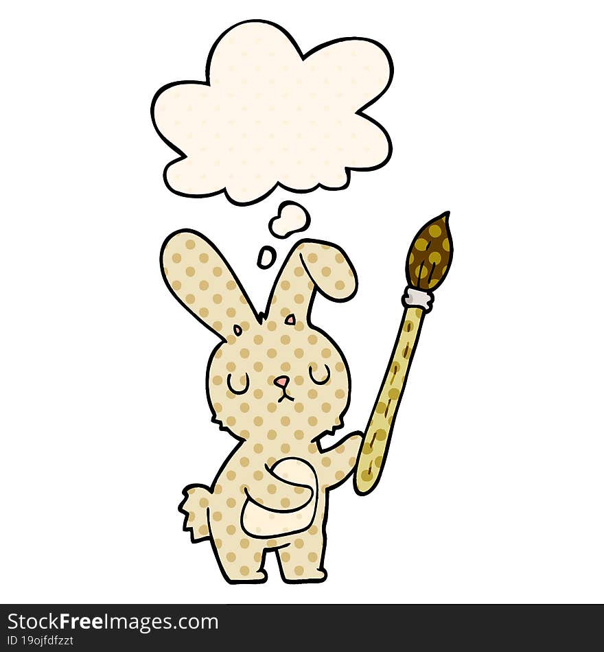 Cartoon Rabbit With Paint Brush And Thought Bubble In Comic Book Style