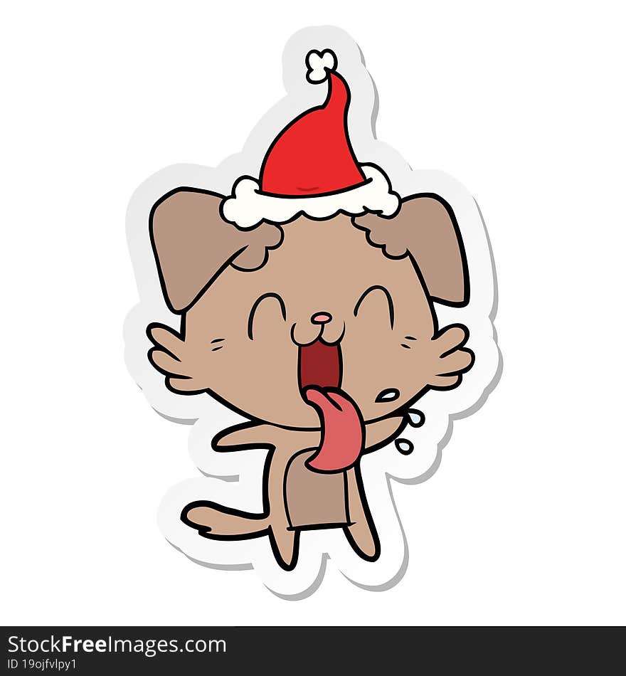 Sticker Cartoon Of A Panting Dog Wearing Santa Hat