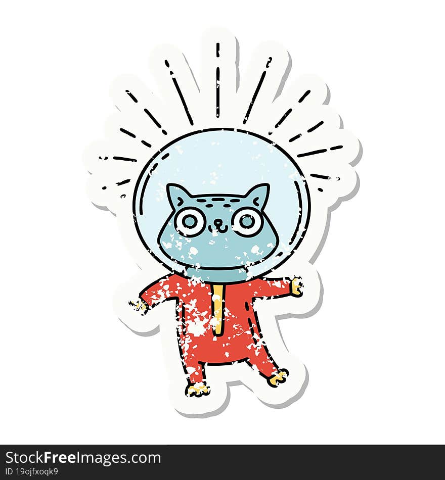 grunge sticker of tattoo style cat in astronaut suit