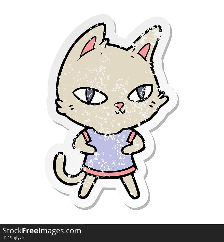 distressed sticker of a cartoon cat staring