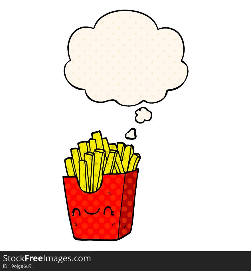 cartoon fries in box and thought bubble in comic book style