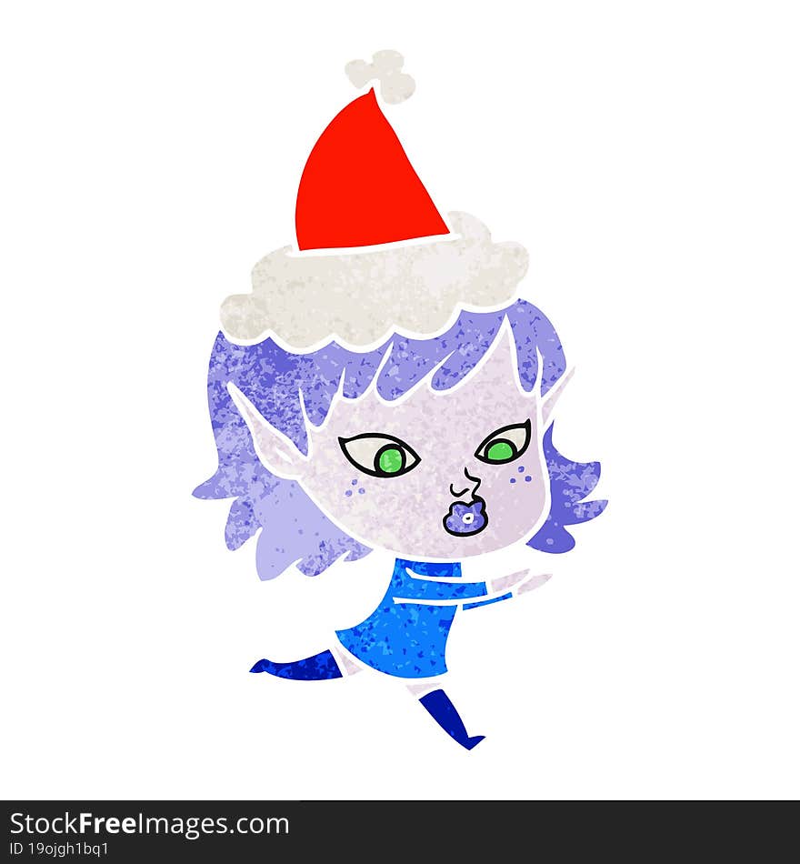 pretty retro cartoon of a elf girl wearing santa hat