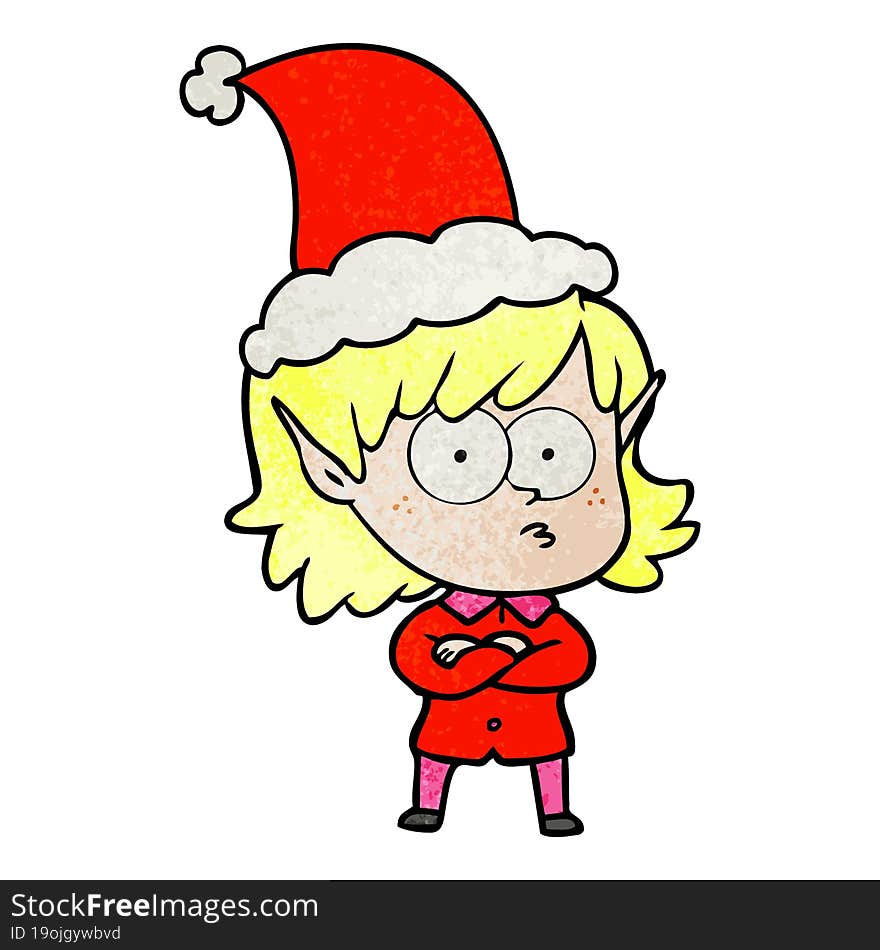 textured cartoon of a elf girl staring wearing santa hat