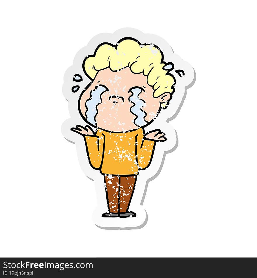 distressed sticker of a cartoon man crying