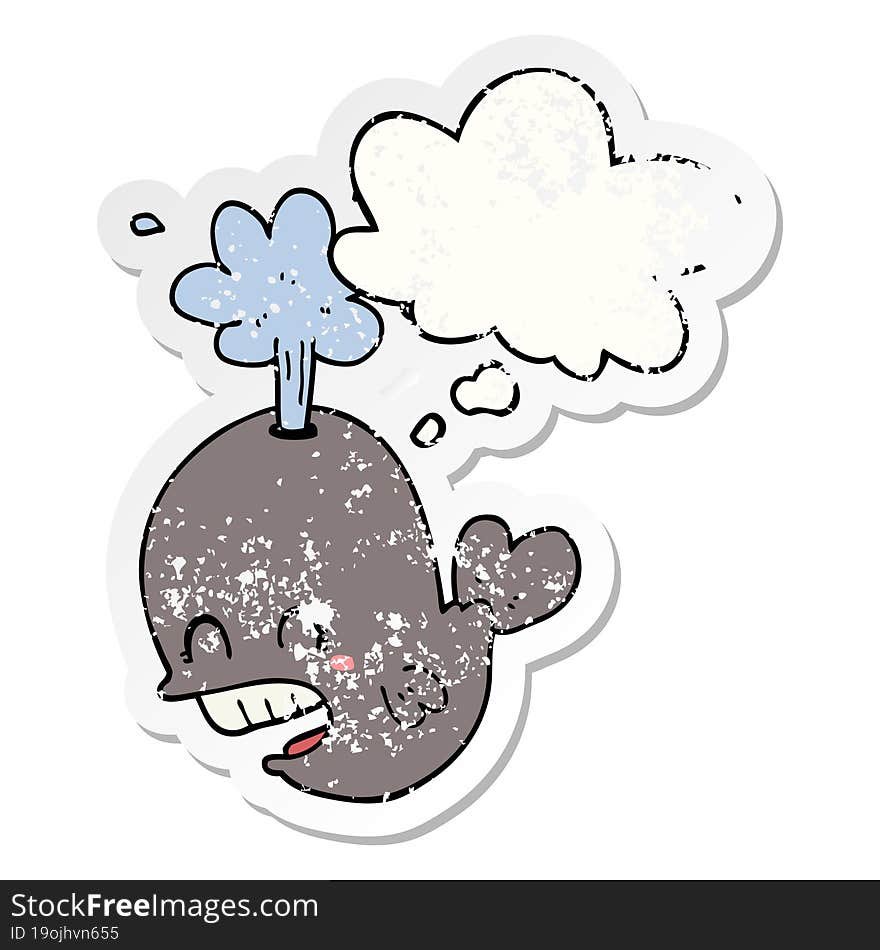 Cartoon Spouting Whale And Thought Bubble As A Distressed Worn Sticker