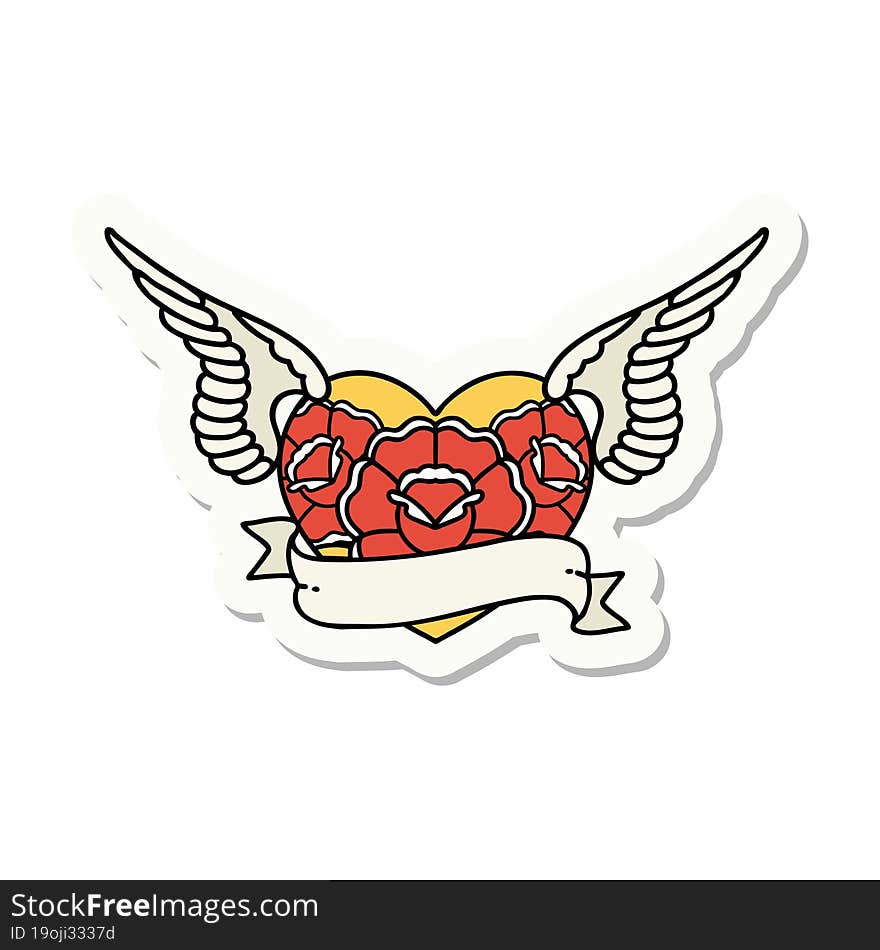 sticker of tattoo in traditional style of a flying heart with flowers and banner. sticker of tattoo in traditional style of a flying heart with flowers and banner