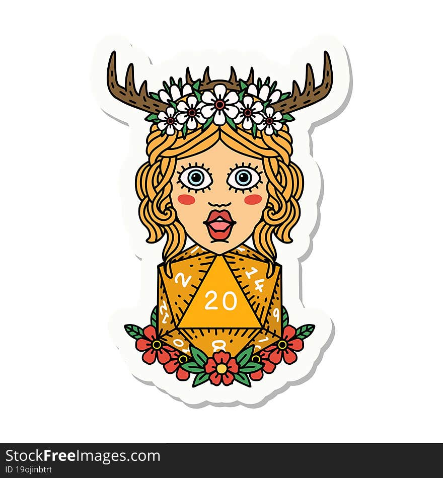 sticker of a human druid with natural twenty dice roll. sticker of a human druid with natural twenty dice roll