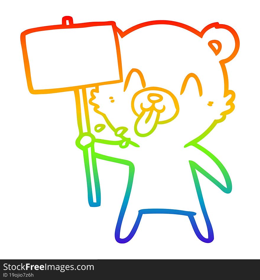 rainbow gradient line drawing rude cartoon bear with protest sign