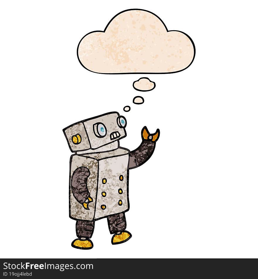 cartoon robot and thought bubble in grunge texture pattern style