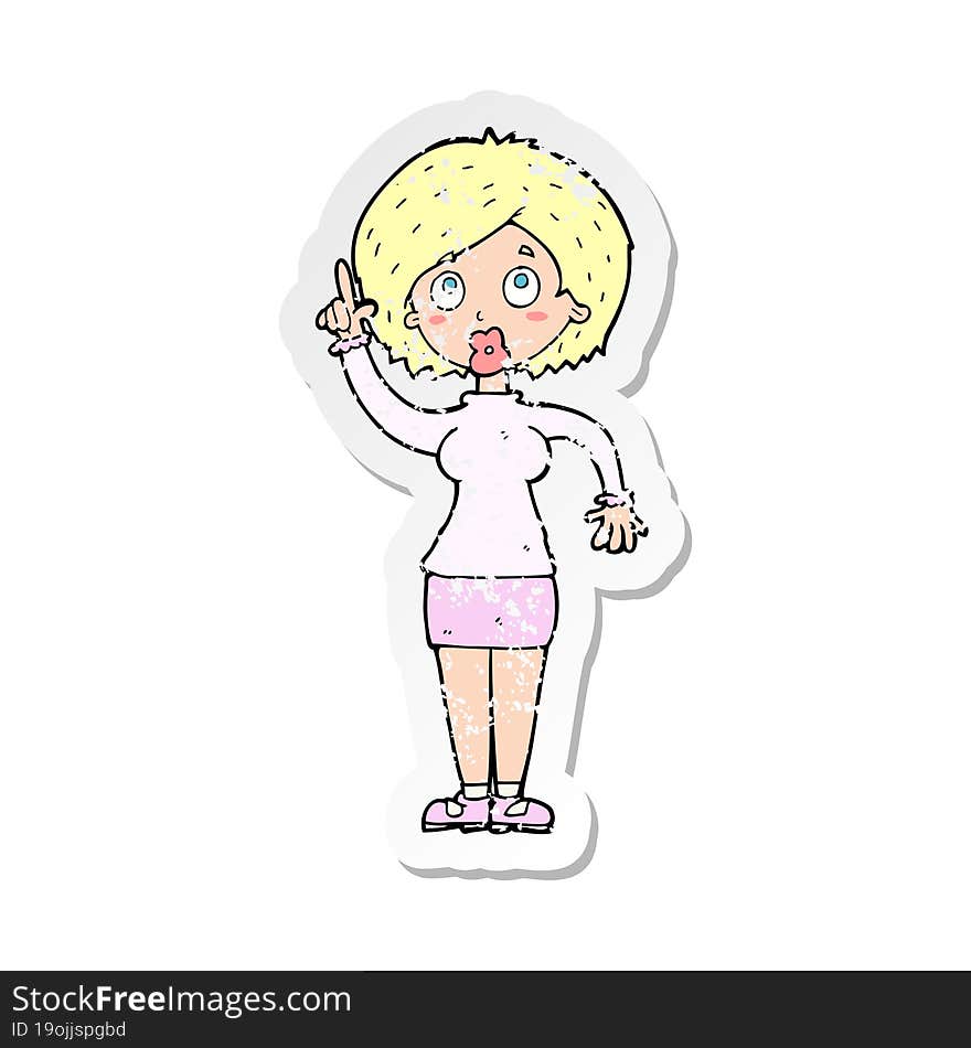 retro distressed sticker of a cartoon woman with idea