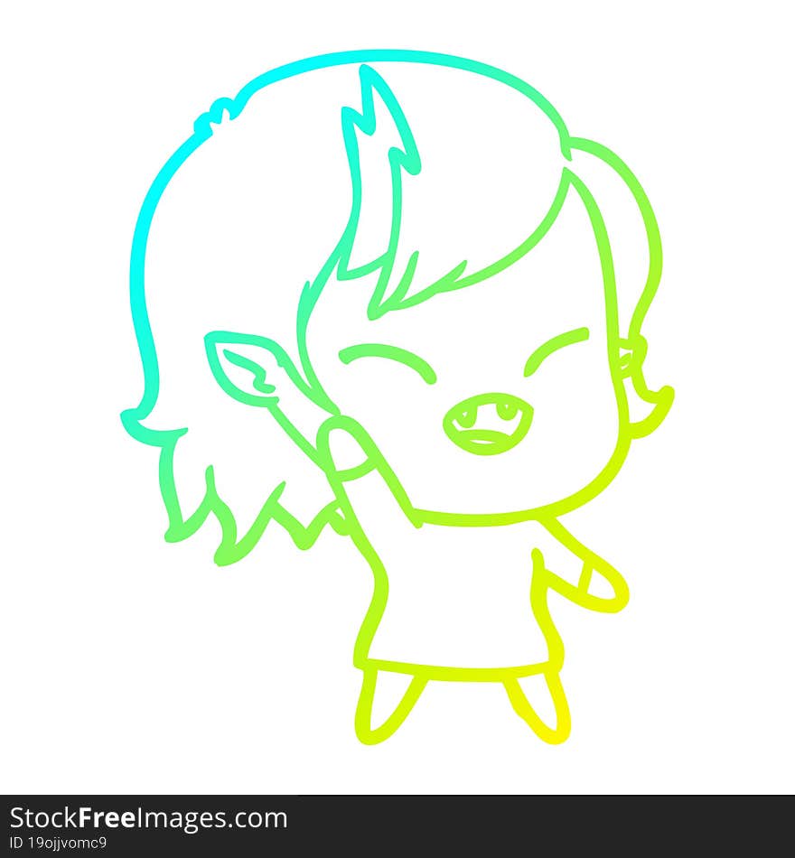 cold gradient line drawing of a cartoon laughing vampire girl waving