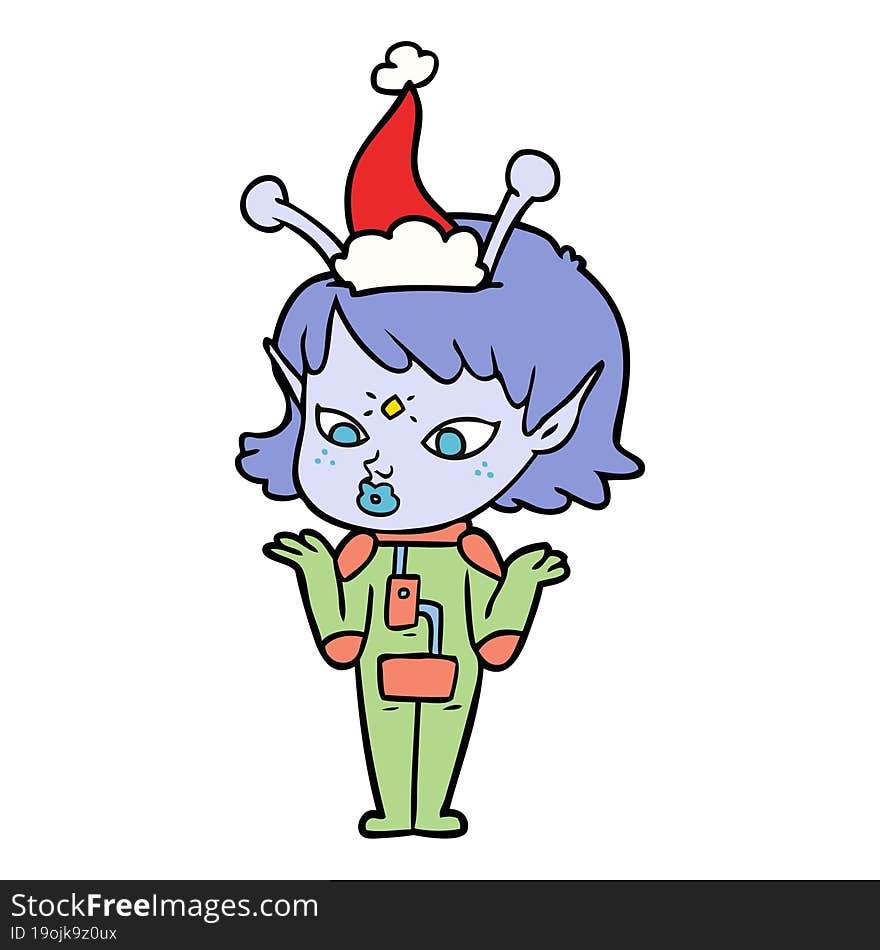 pretty line drawing of a alien girl wearing santa hat