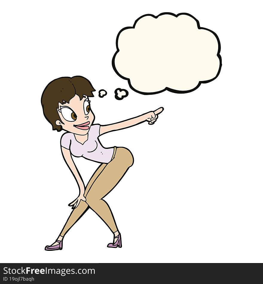 cartoon pretty woman pointing with thought bubble