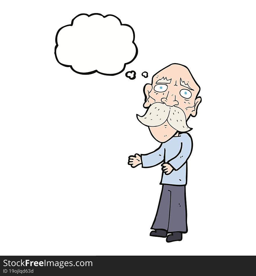 cartoon lonely old man with thought bubble