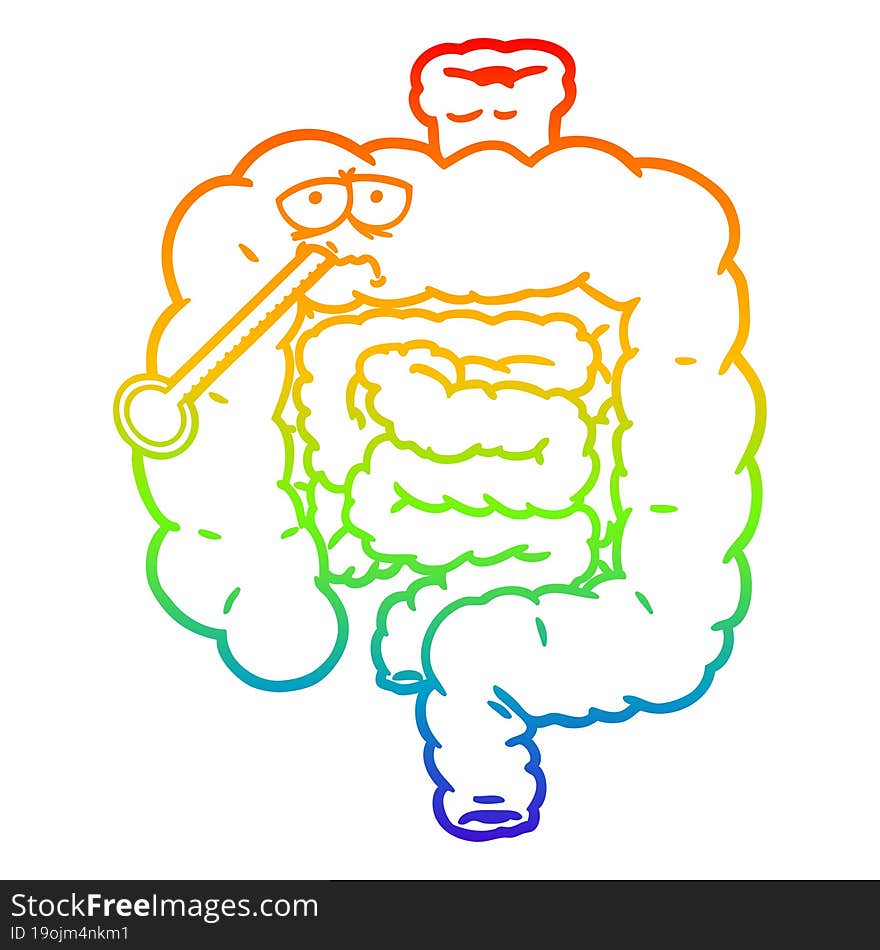 rainbow gradient line drawing of a cartoon unhealthy intestines