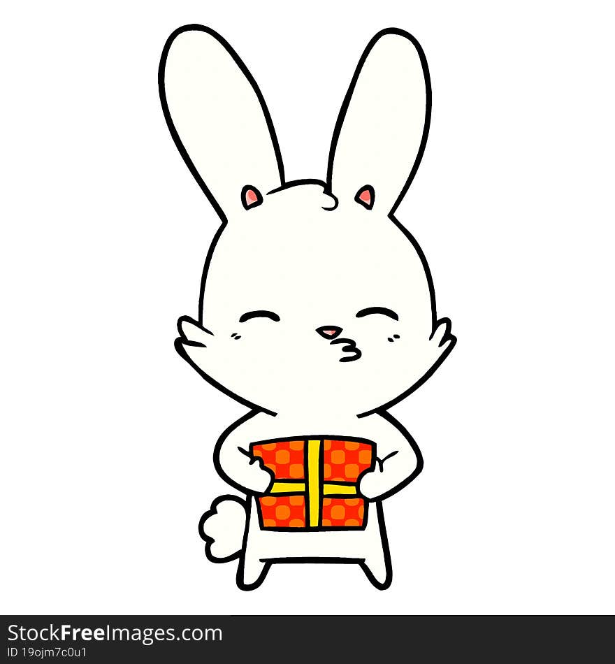 curious bunny cartoon with present. curious bunny cartoon with present