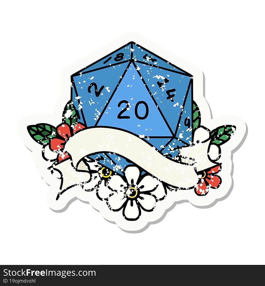 natural twenty D20 dice roll grunge sticker