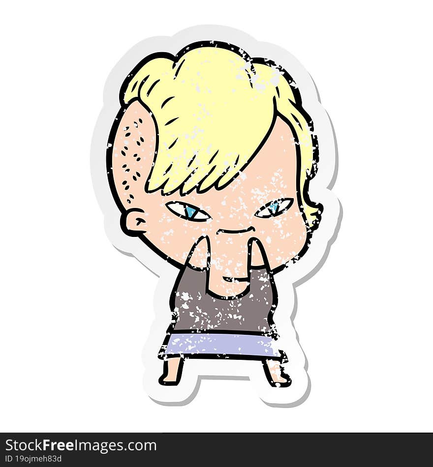 distressed sticker of a cute cartoon girl with hipster haircut