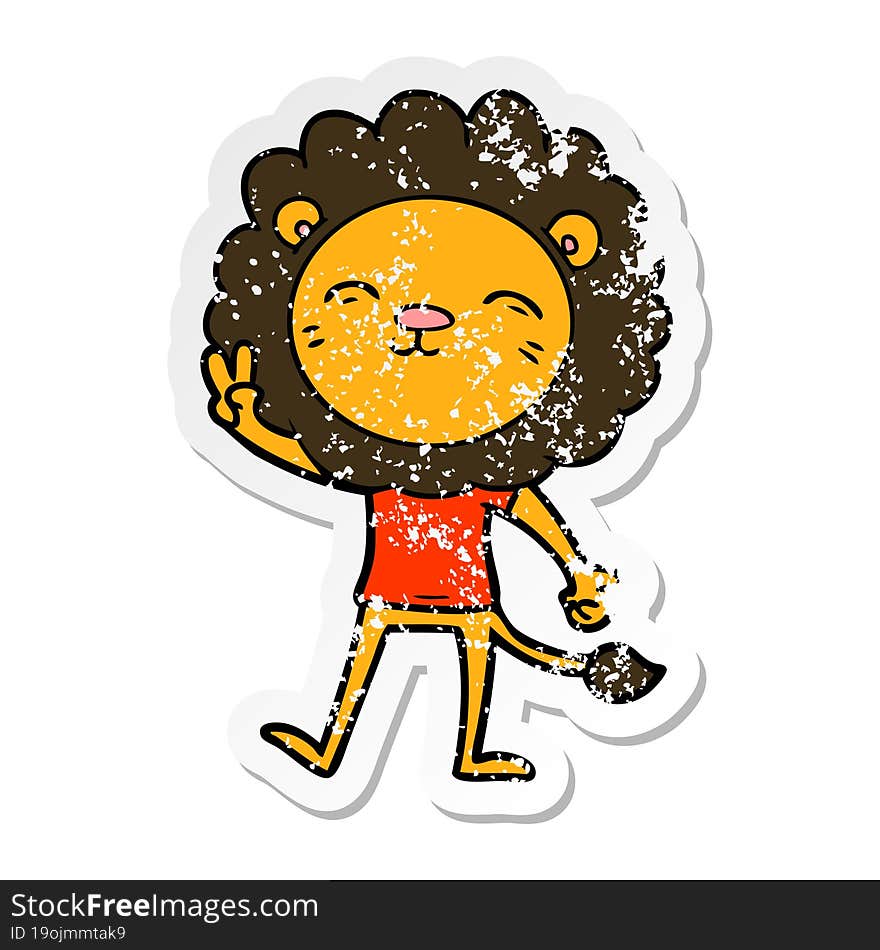 distressed sticker of a cartoon lion giving peac sign