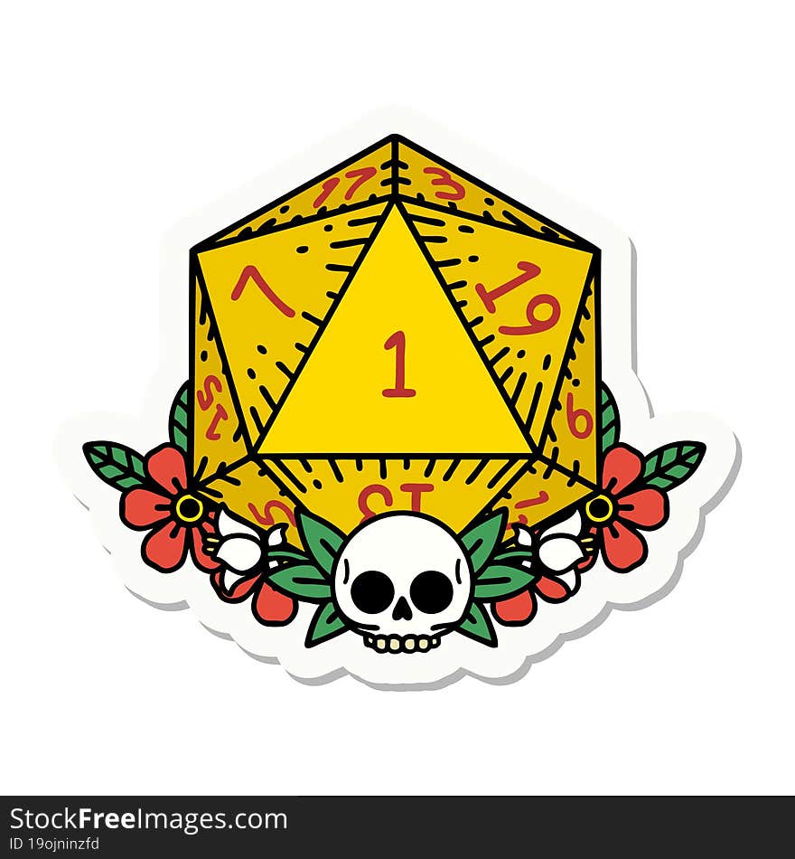 natural one dice roll with floral elements sticker