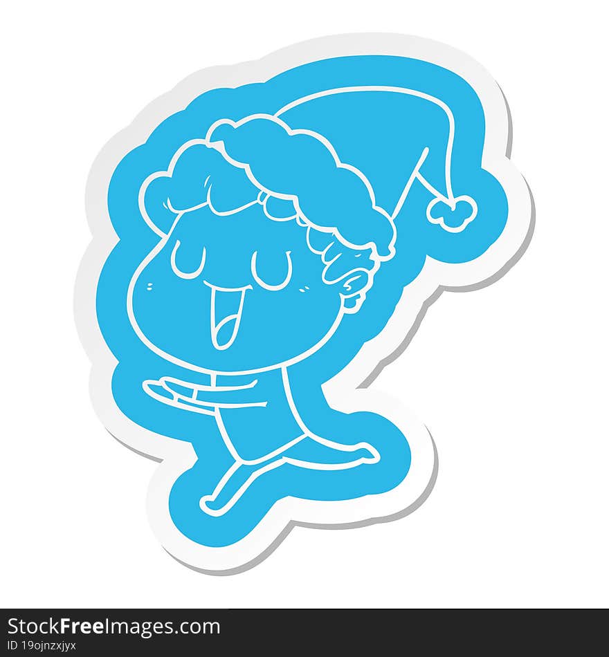 laughing quirky cartoon  sticker of a man running wearing santa hat