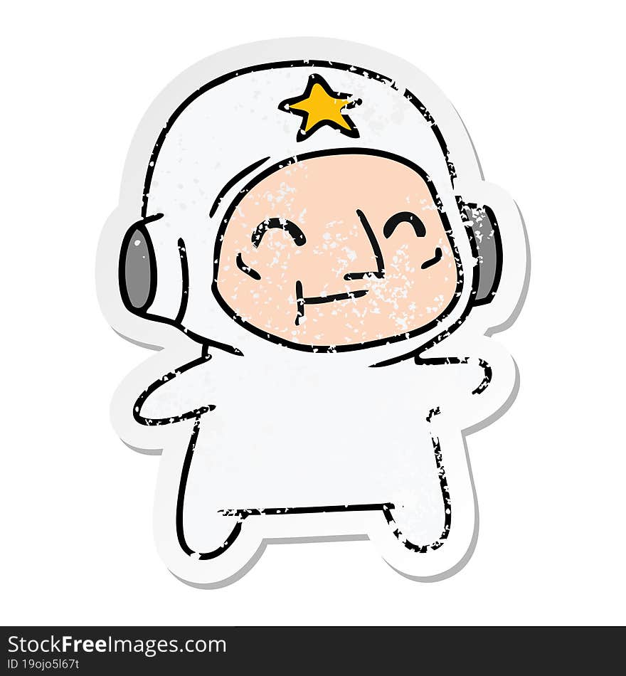 freehand drawn distressed sticker cartoon of an older astronaut