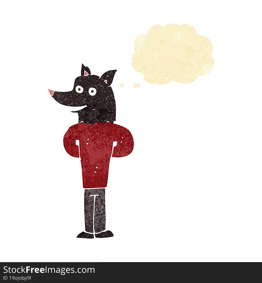 cartoon wolf man with thought bubble