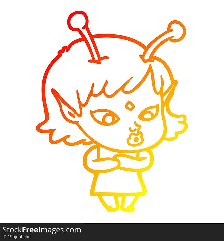 warm gradient line drawing pretty cartoon alien girl