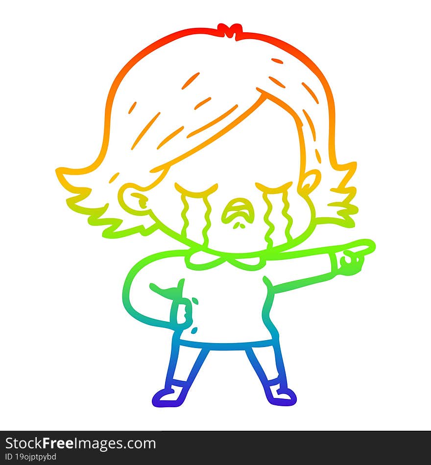 Rainbow Gradient Line Drawing Cartoon Girl Crying